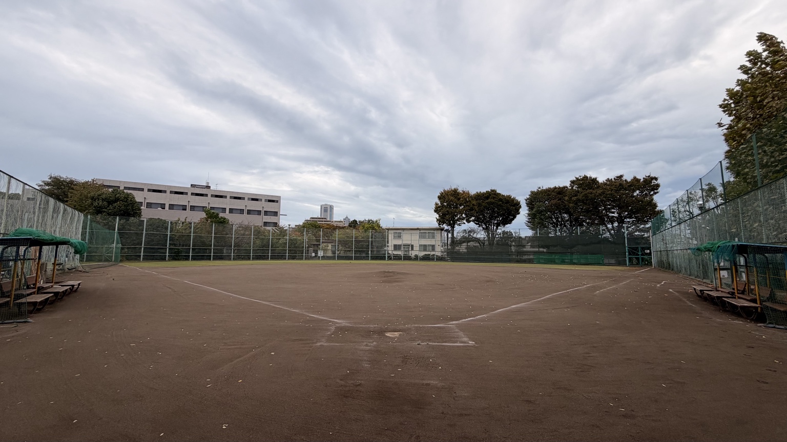 ホームベースから見渡す野球場。土のグラウンドと外野の木々、広い空。